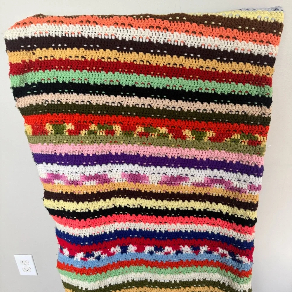 Vintage Handmade Crochet‎ Afghan Throw Blanket Boho Retro 80x47 Fringe